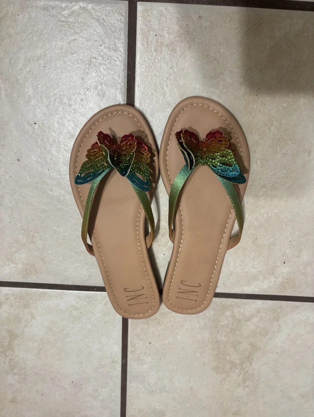 INC International Concepts Beige Flip Sandals with Multicolor Butterfly Accent